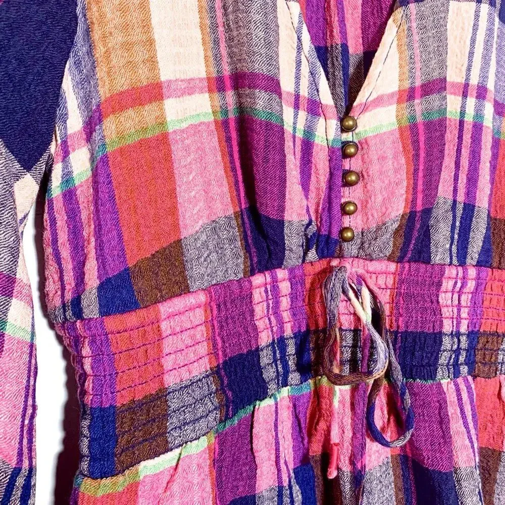 Pilcro Anthropologie Plaid Peplum Smocked Waist Long Sleeve Top Pink Navy Small